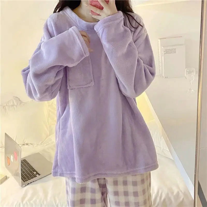 Pigiama Da Donna Caldo In Pile Set Pigiama Invernale Morbido Top Solido E Pantaloni Scozzesi Per Casa