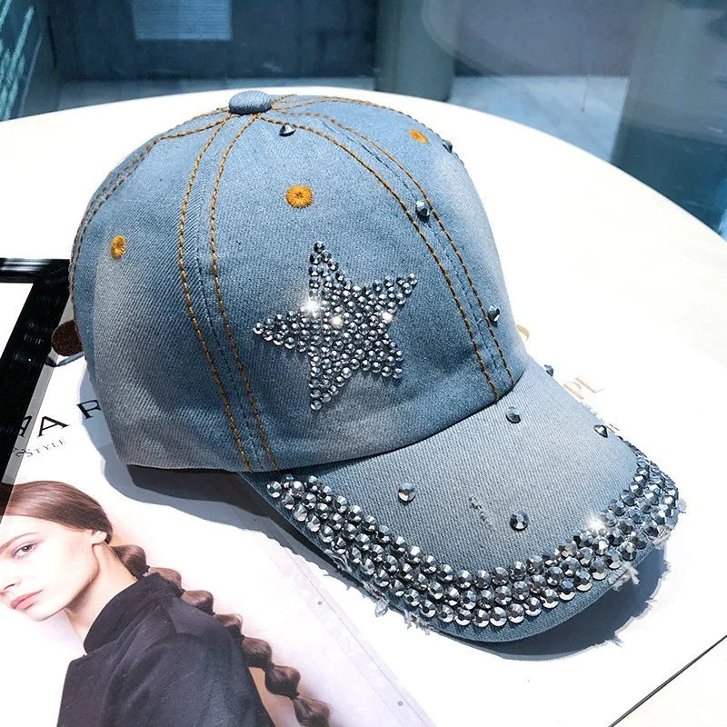 Berretto Da Baseball Da Donna In Denim Con Stella Di Strass Regolabile Snapback Con Visiera Alla Moda