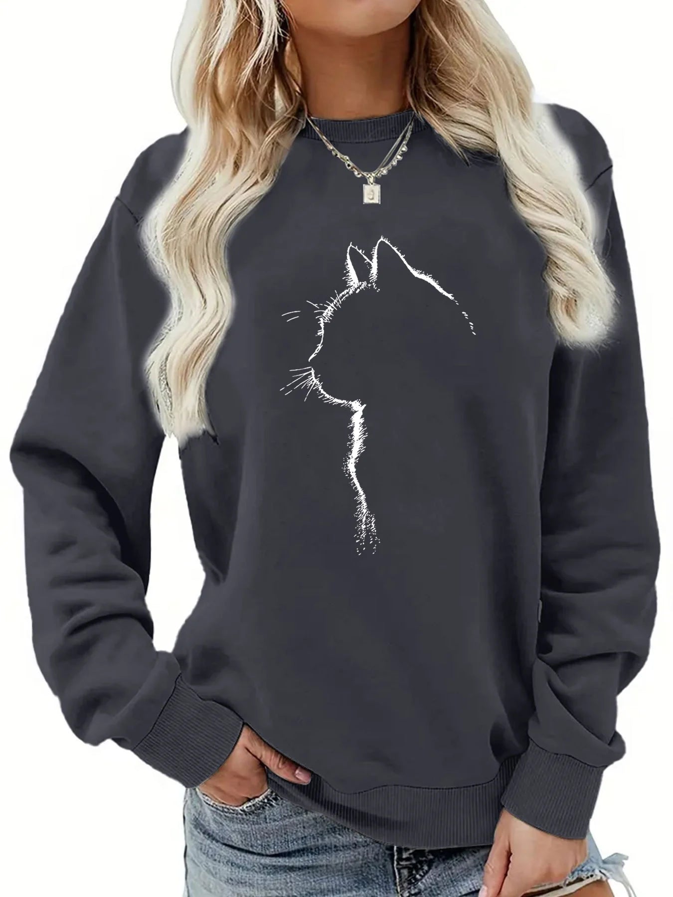 Pullover da Donna Autunno Inverno Casual Ampio con Motivo Gatto Caldo Stampato Girocollo a Maniche Lunghe