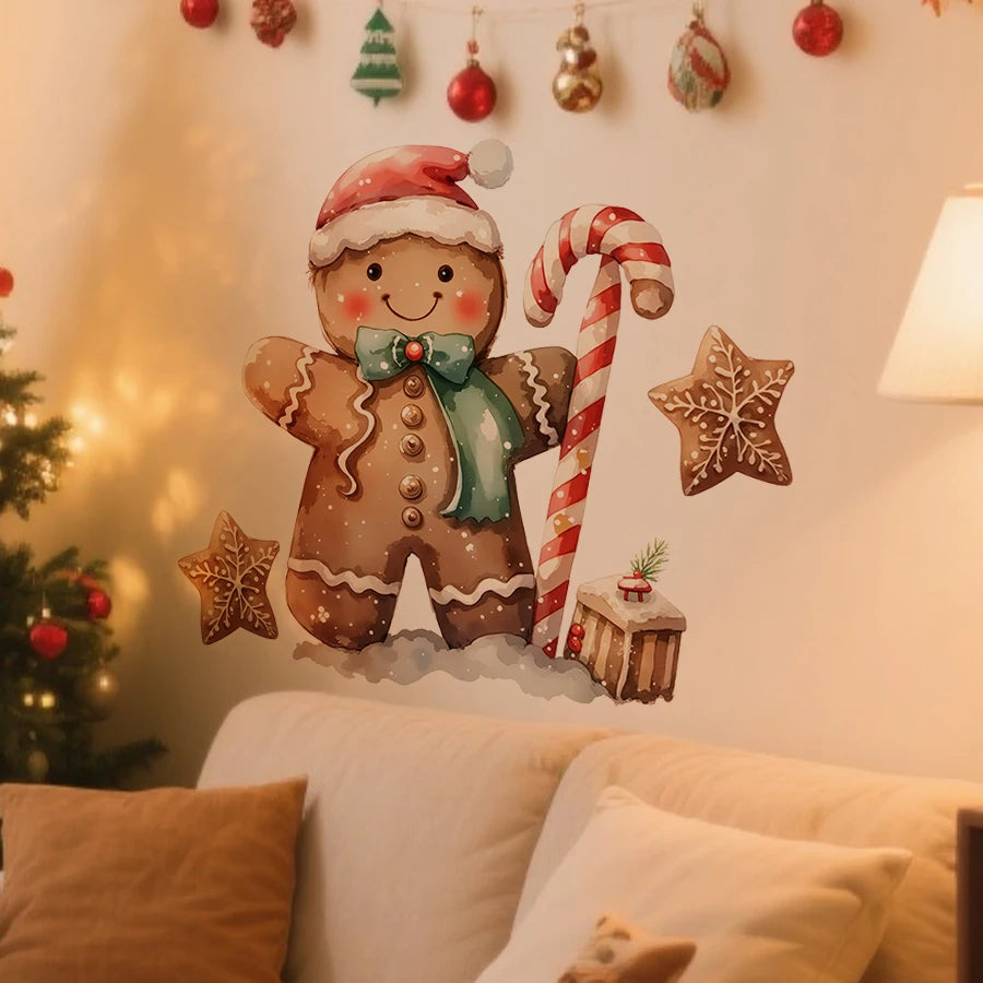 Decalcomania Da Muro Omino Pan Di Zenzero Natale Con Cappello Babbo Natale E Sciarpa Verde PVC Rimovibile Per Camino