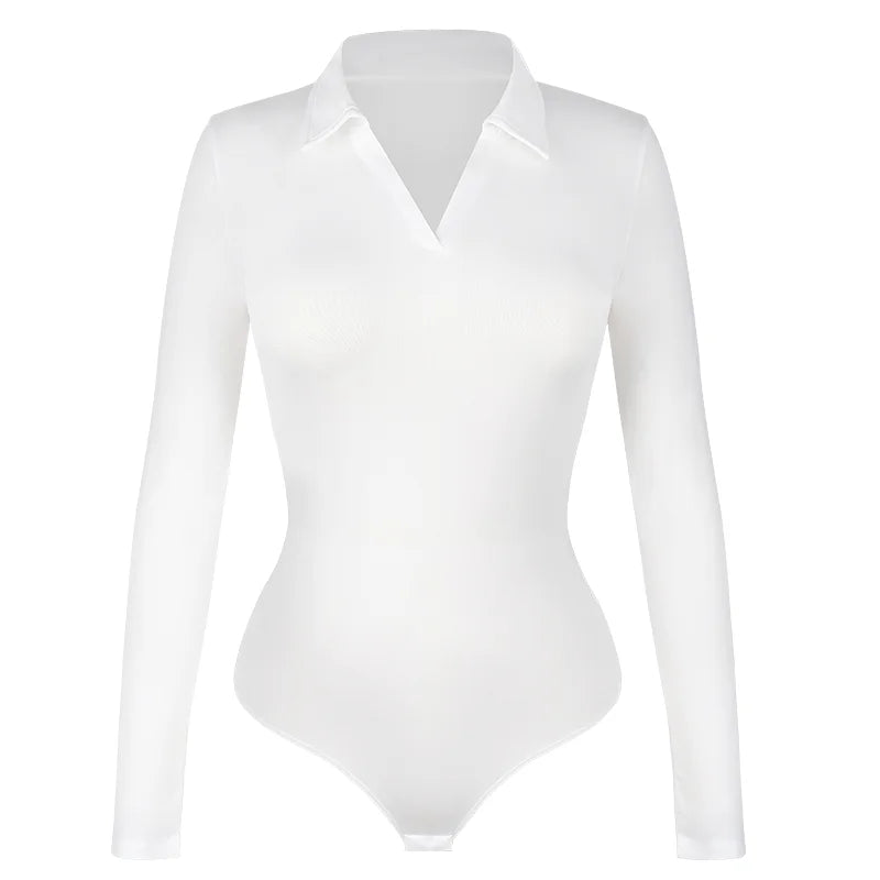 Body sexy da donna a maniche lunghe Colletto rovesciato Scollo a V Shapewear Camicia per il controllo della pancia Camicia per il sollevamento del sedere Compressione senza cuciture