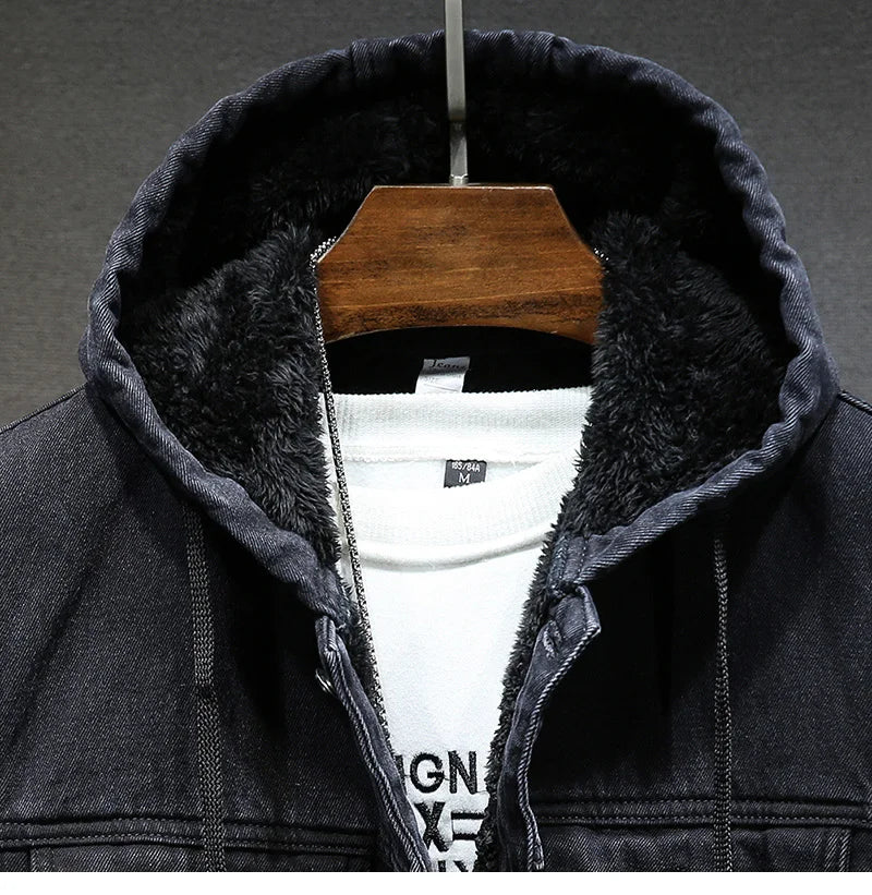 Giacca Jeans Uomo Invernale Termica Spessa Con Cappuccio In Pile Denim Casual Fit Trend