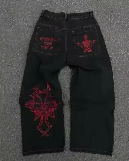 Jeans Vintage Streetwear Y2K Da Donna Tasca Con Paillettes Blu Lavato Pantaloni Larghi Vita Media