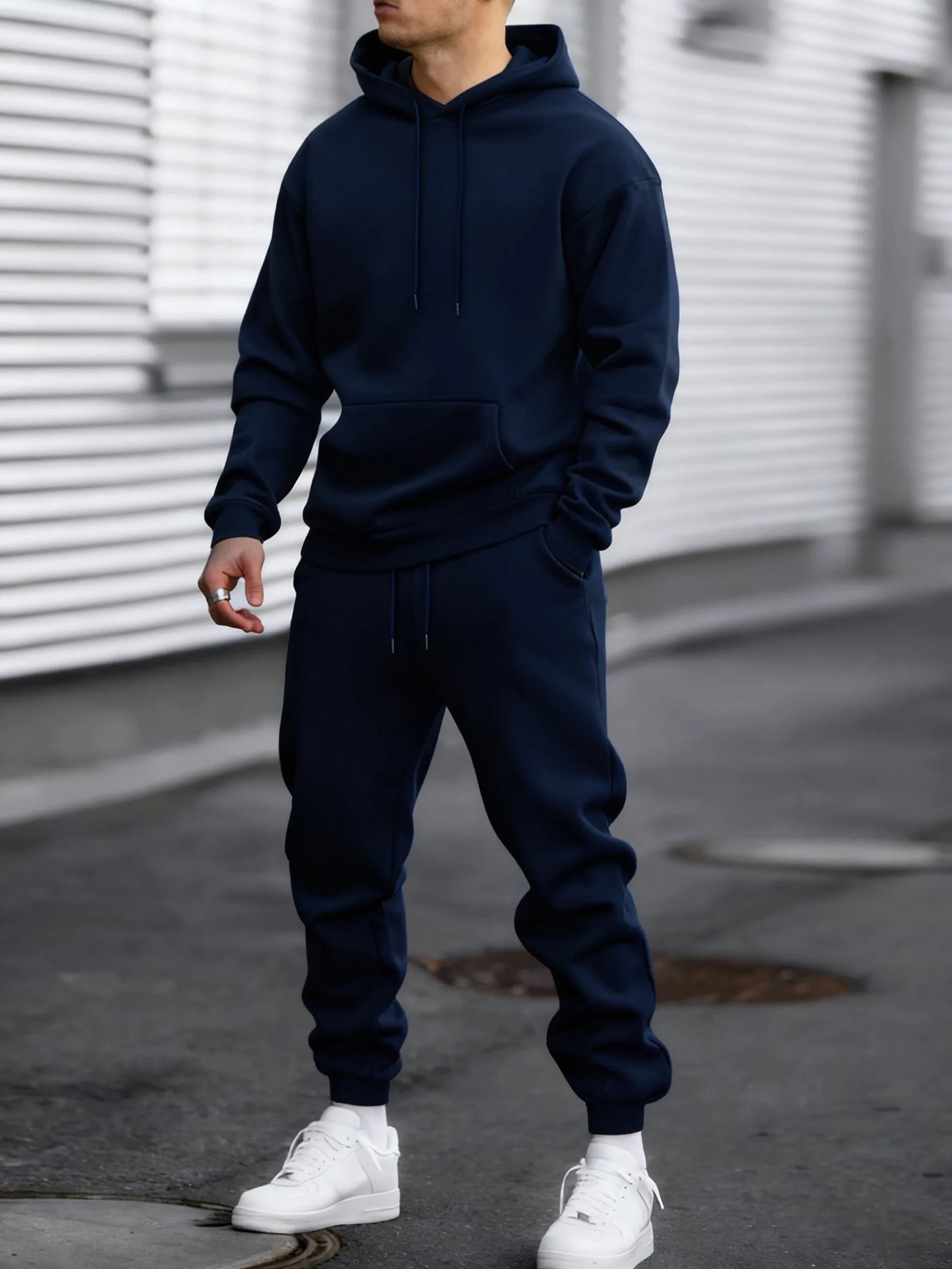 Jogging Solido Nuovo Da Uomo Streetwear All Match Felpa Con Cappuccio Pantaloni Sportivi In Pile Abiti Larghi Autunno