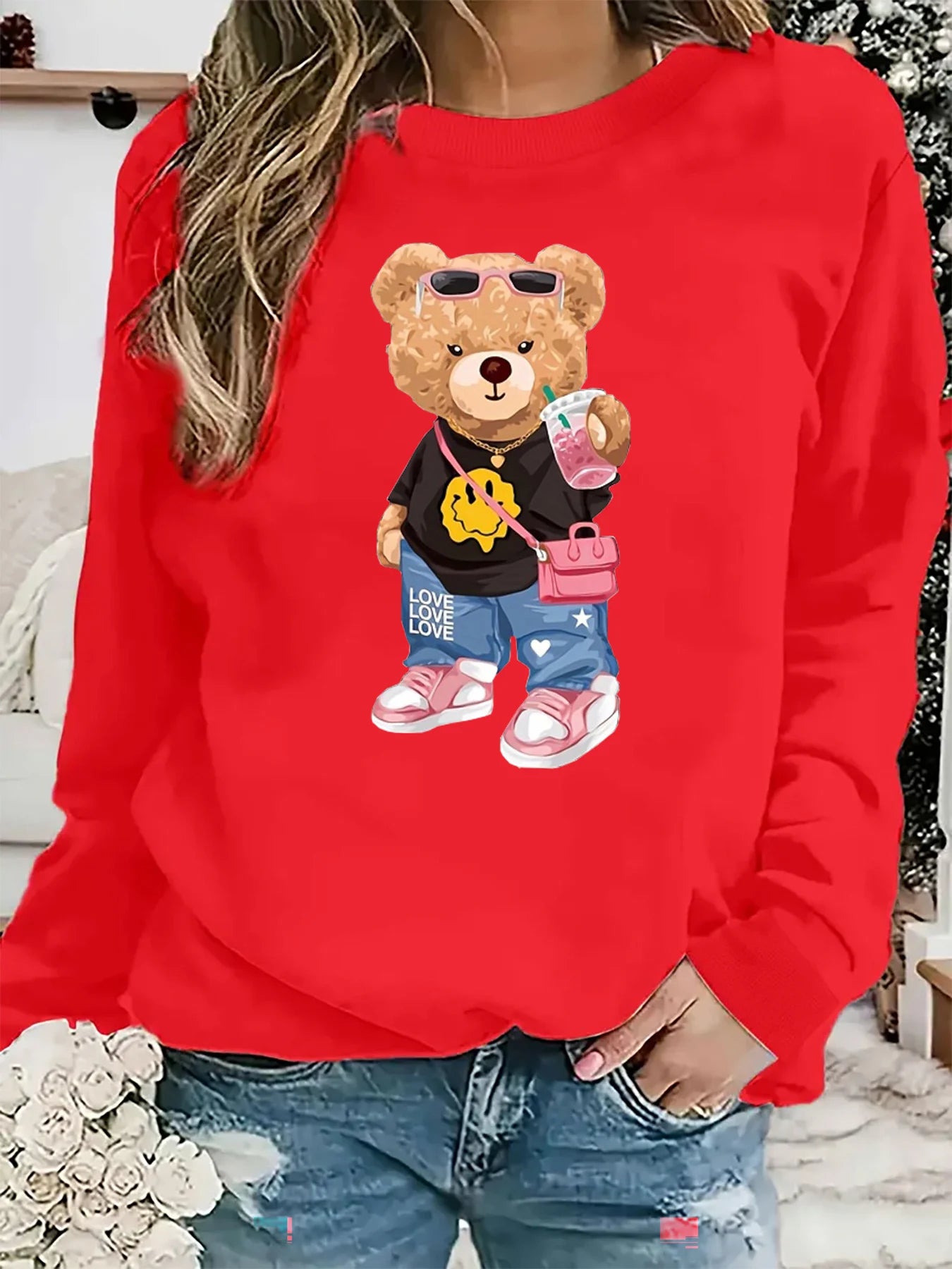 Pullover Da Donna A Maniche Lunghe Con Collo Rotondo E Stampa Di Orsi Caldi, Largo E Comodo, Moda Autunno Inverno