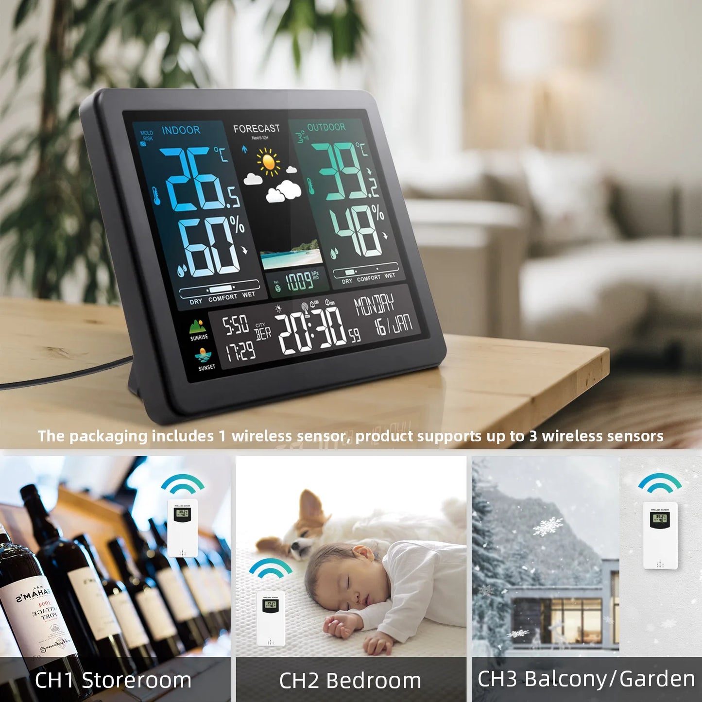 Stazione Meteorologica Multifunzionale Con Sveglia Termometro Igrometro Digitale Schermo Tattile Esterno Wireless