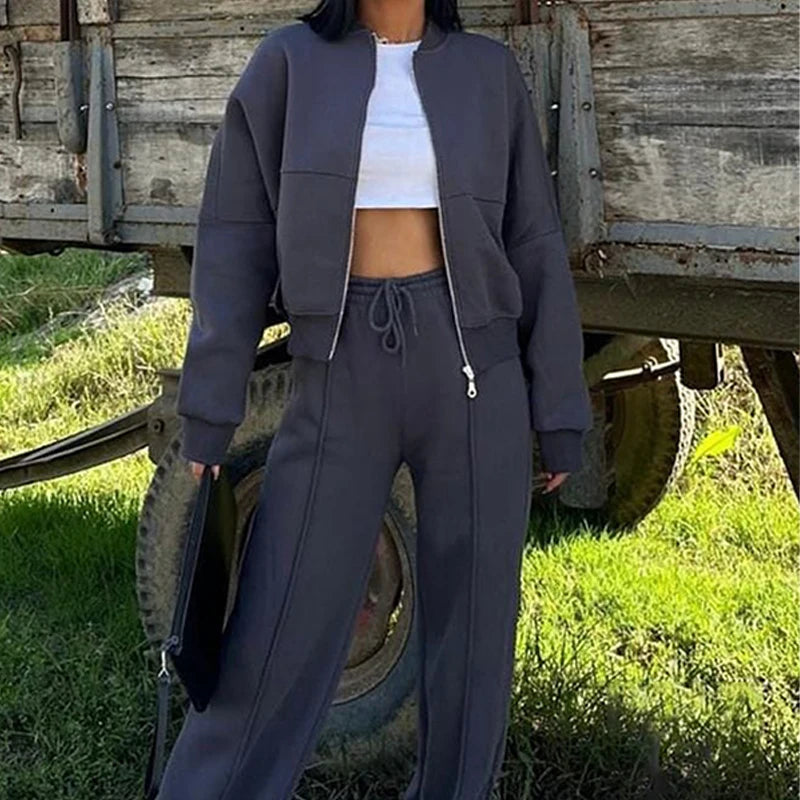 Set Di Tute Da Donna Casual Cardigan Corto Allentato Con Cerniera E Pantaloni Sportivi Con Coulisse Streetwear
