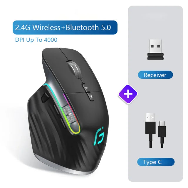 Mouse Wireless Multi Dispositivo Bluetooth 5.0 e 3.0 2.4G Ottico Portatile Ergonomico Per Computer Mano Destra