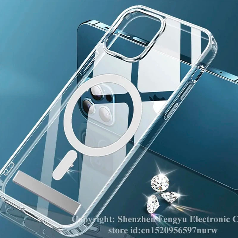Custodia Magnetica Cristallina Con Cavalletto Per iPhone 12 Mini 13 Mini 15 Pro Max 16 17 Pro Max Con Supporto