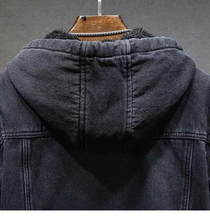 Giacca Jeans Uomo Invernale Termica Spessa Con Cappuccio In Pile Denim Casual Fit Trend
