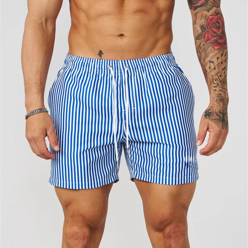 Pantaloncini Da Surf Uomo A Strisce Semplice Linea Sottile Con Coulisse Ad Asciugatura Rapida Spiaggia Estiva