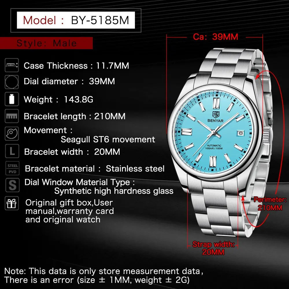 Orologio Automatico Meccanico Lusso da Uomo con Calendario Impermeabile 100m Acciaio Inossidabile Luminoso