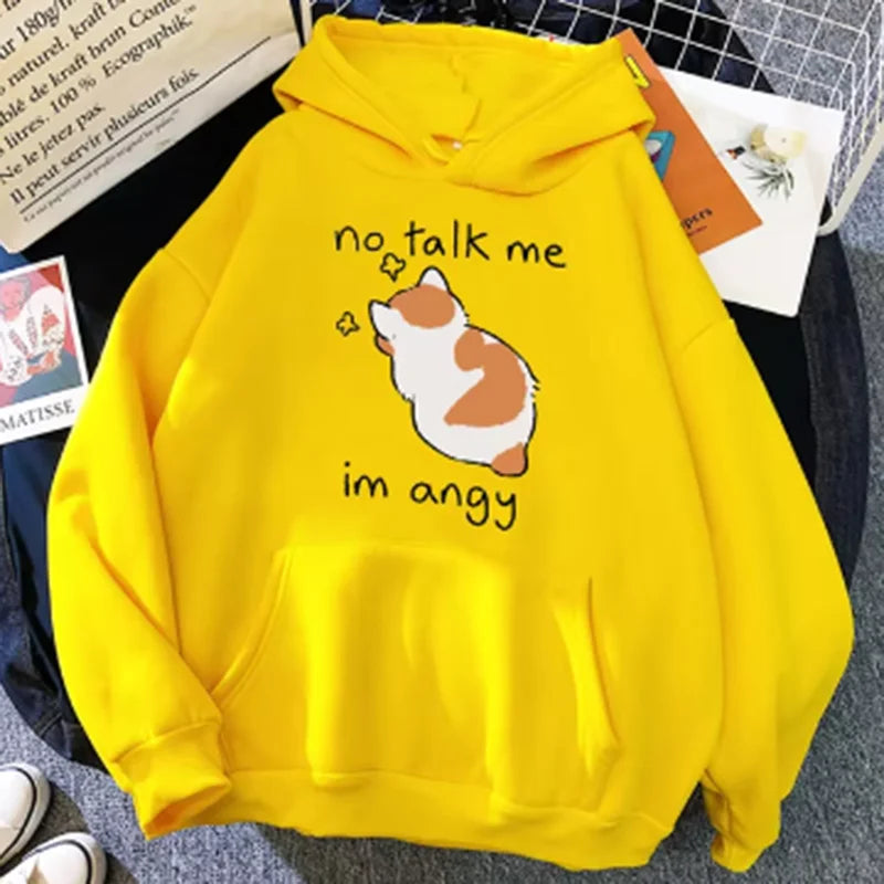 Felpa Con Cappuccio Oversize Donna Stampa Gatto Arrabbiato No Talk Me Cute Hip Hop Streetwear Pile Morbido