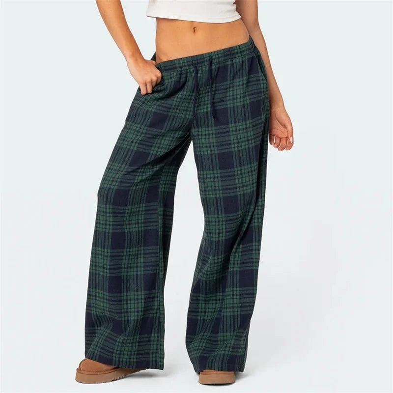 Pantaloni Oversize da Donna Y2K da Salotto Casual Quadri di Moda Elastici Vita Alta con Tasche Pigiama Homewear