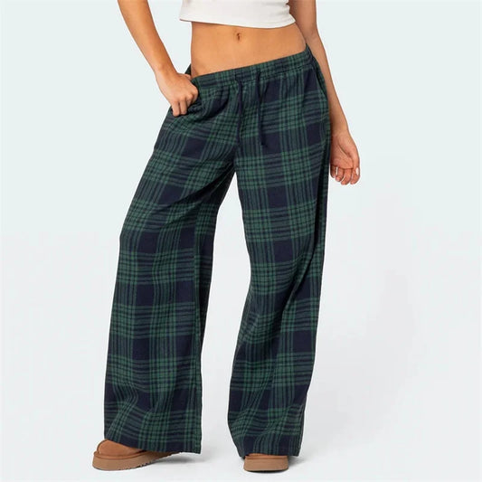 Pantaloni Oversize da Donna Y2K da Salotto Casual Quadri di Moda Elastici Vita Alta con Tasche Pigiama Homewear