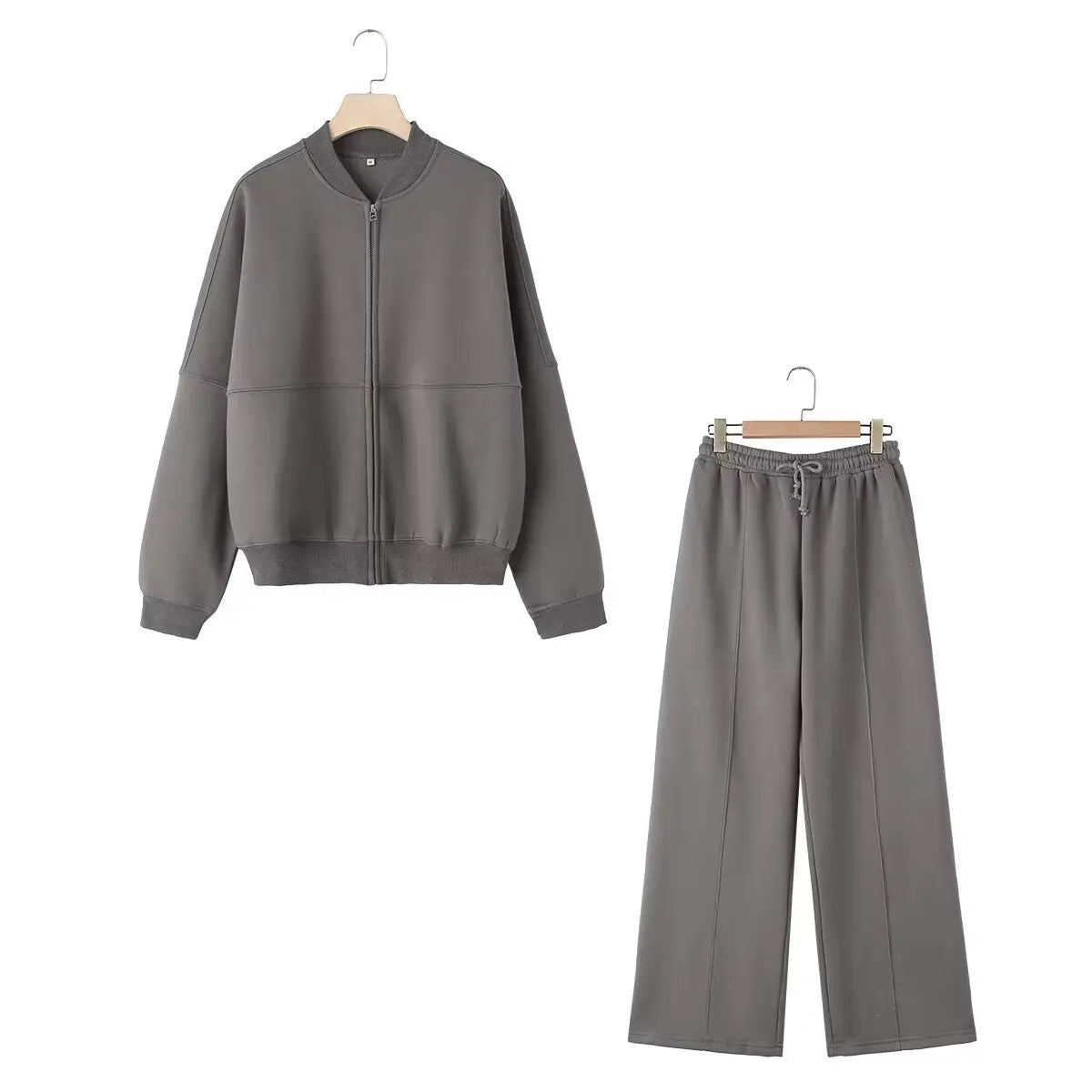 Giacche Bomber Donna Autunno 2 Pezzi Retro Tinta Unita Con Zip Pantaloni A Gamba Larga Con Lacci A Vita Alta Street Wear