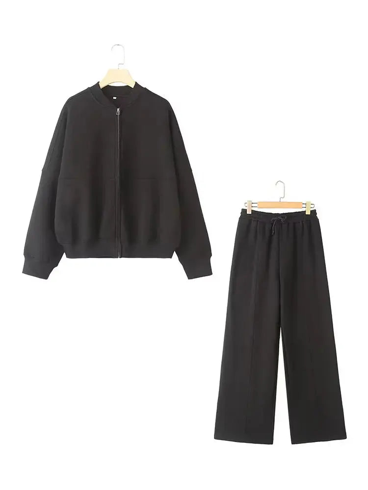 Giacche Bomber Donna Autunno 2 Pezzi Retro Tinta Unita Con Zip Pantaloni A Gamba Larga Con Lacci A Vita Alta Street Wear