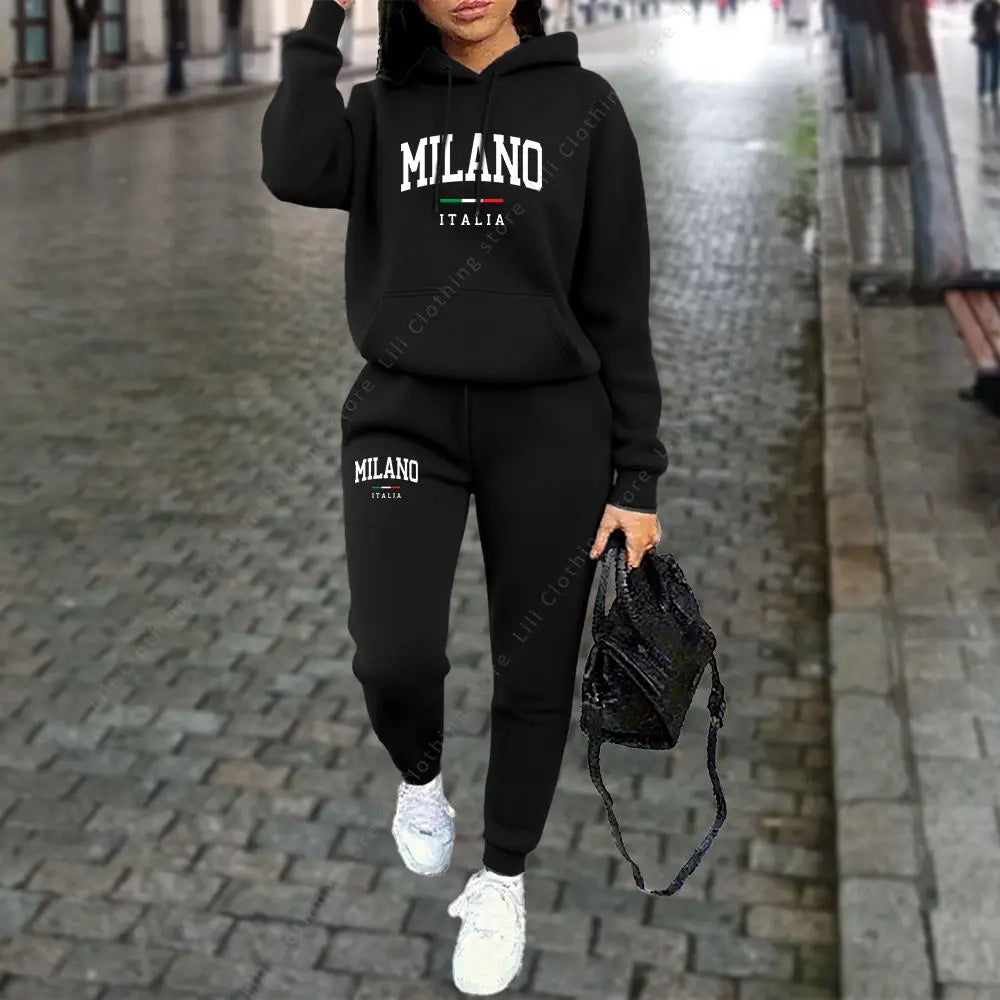 Tuta Da Donna 2 Pezzi Autunno Inverno Set Con Cappuccio Pantaloni Stampa Lettera Milano Estetica Sportiva
