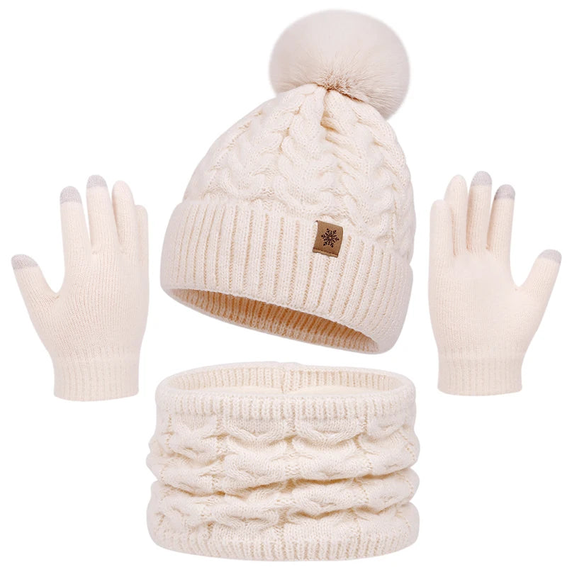 Set Cappello Invernale Donna Sciarpa Guanti Con Pompon Pelo Lavorato A Maglia Per Ragazze Adolescenti