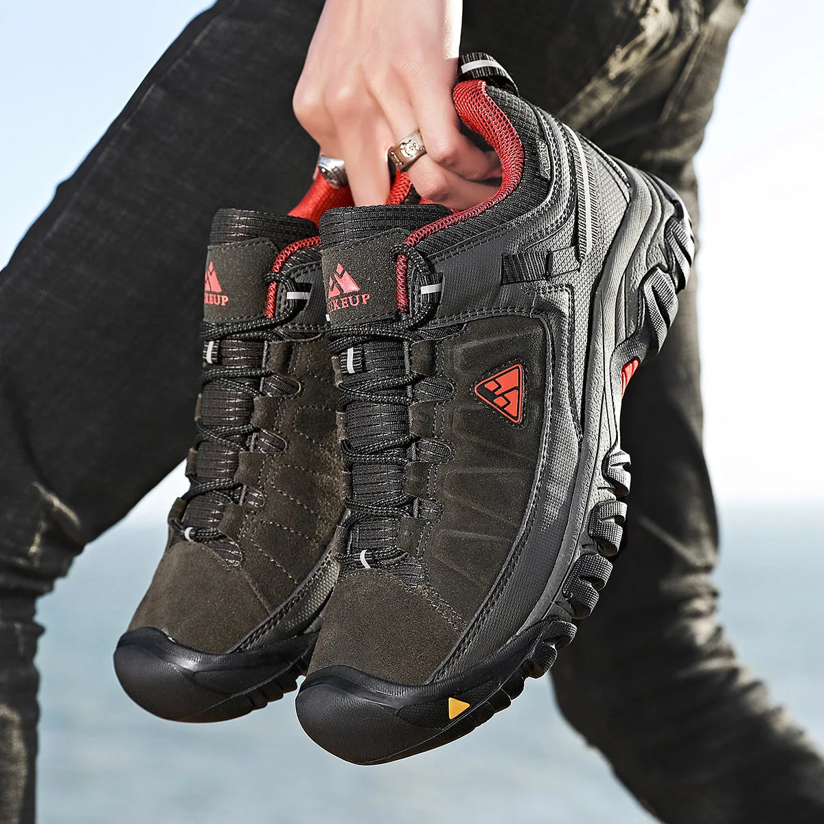 Hikeup Scarpe Trekking Uomo Pelle Alta Qualità Durevoli Esterni Suola Gomma Impermeabile