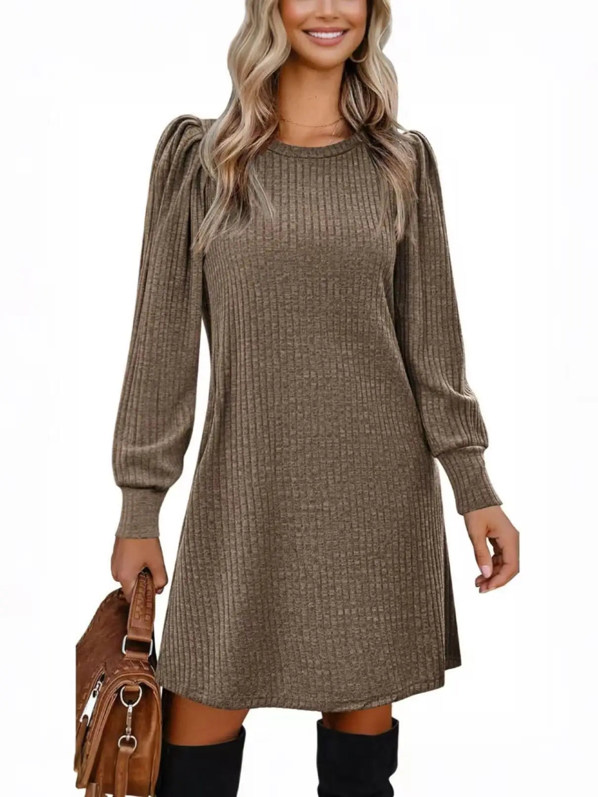 Abito da Donna in Maglia con Maniche a Palloncino e Tasche Laterali Autunno Inverno Comfort Quotidiano