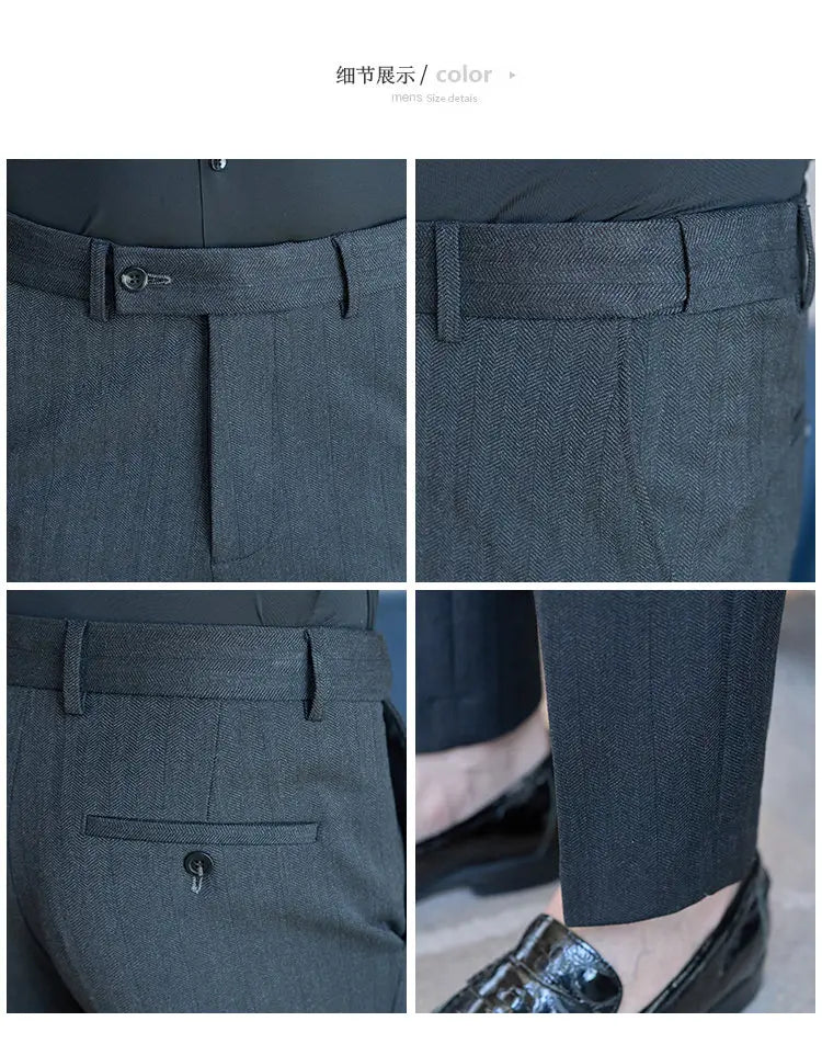 Pantaloni Da Abito Inverno In Lana Spessa Con Vita Elastica Gessati E Tinta Unita Per Uomo