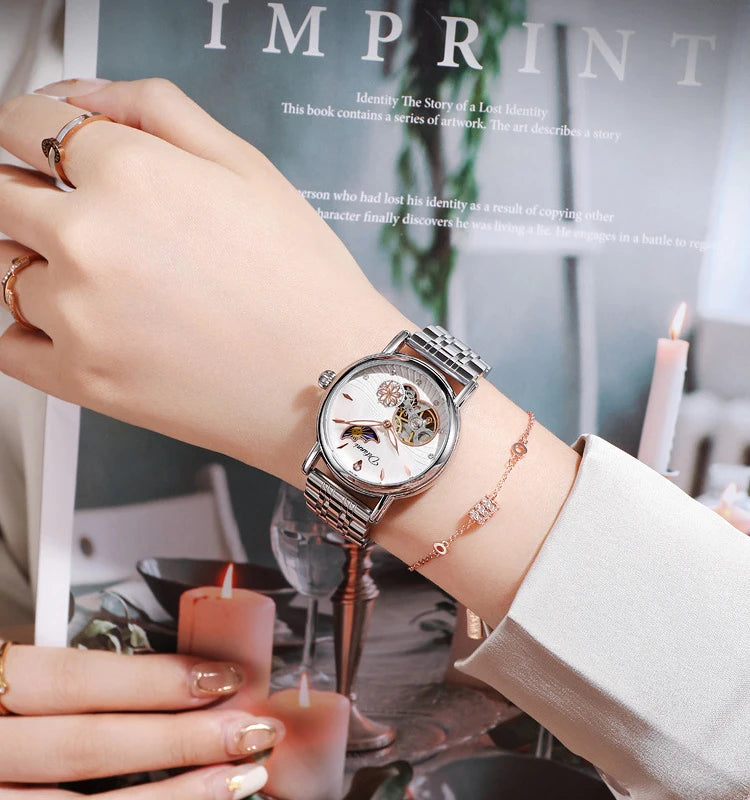Orologio Da Donna Automatico Impermeabile Con Fasi Lunari E Fiori Girevoli Lusso Di Marca Pregiata