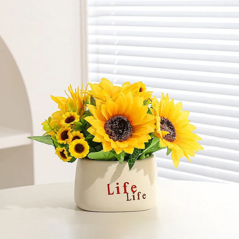 Vaso di Plastica con Fiore di Girasole Artificiale Set Decorazione per Matrimoni e Eventi