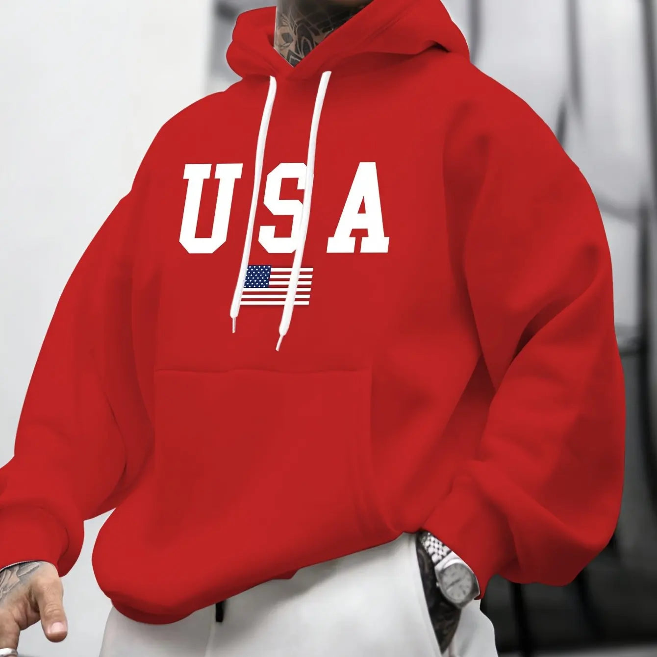 Felpa Con Cappuccio Da Uomo A Maniche Lunghe Con Stampa Grafica Bandiera Americana Allentata Caldo Autunno Inverno