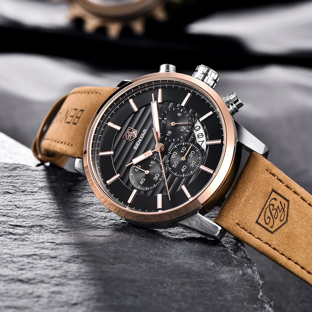 Orologio Da Uomo BENYAR Al Quarzo In Pelle Impermeabile Multifunzione Cronografo calendario Resistente Agli Urti