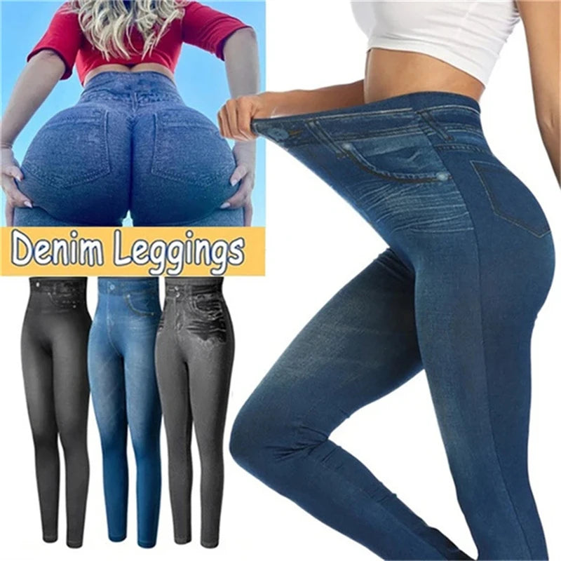 Leggings Denim Ultra Elasticizzato Vita Alta Donna Slim Fit Glutei Sollevati Pantaloni Attillati