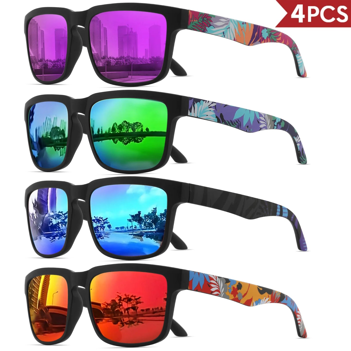 Occhiali Da Sole Sportivi Quadrati 4 Pezzi Motivo Tempio Design UV400 Per Uomini E Donne Vacanze Al Mare