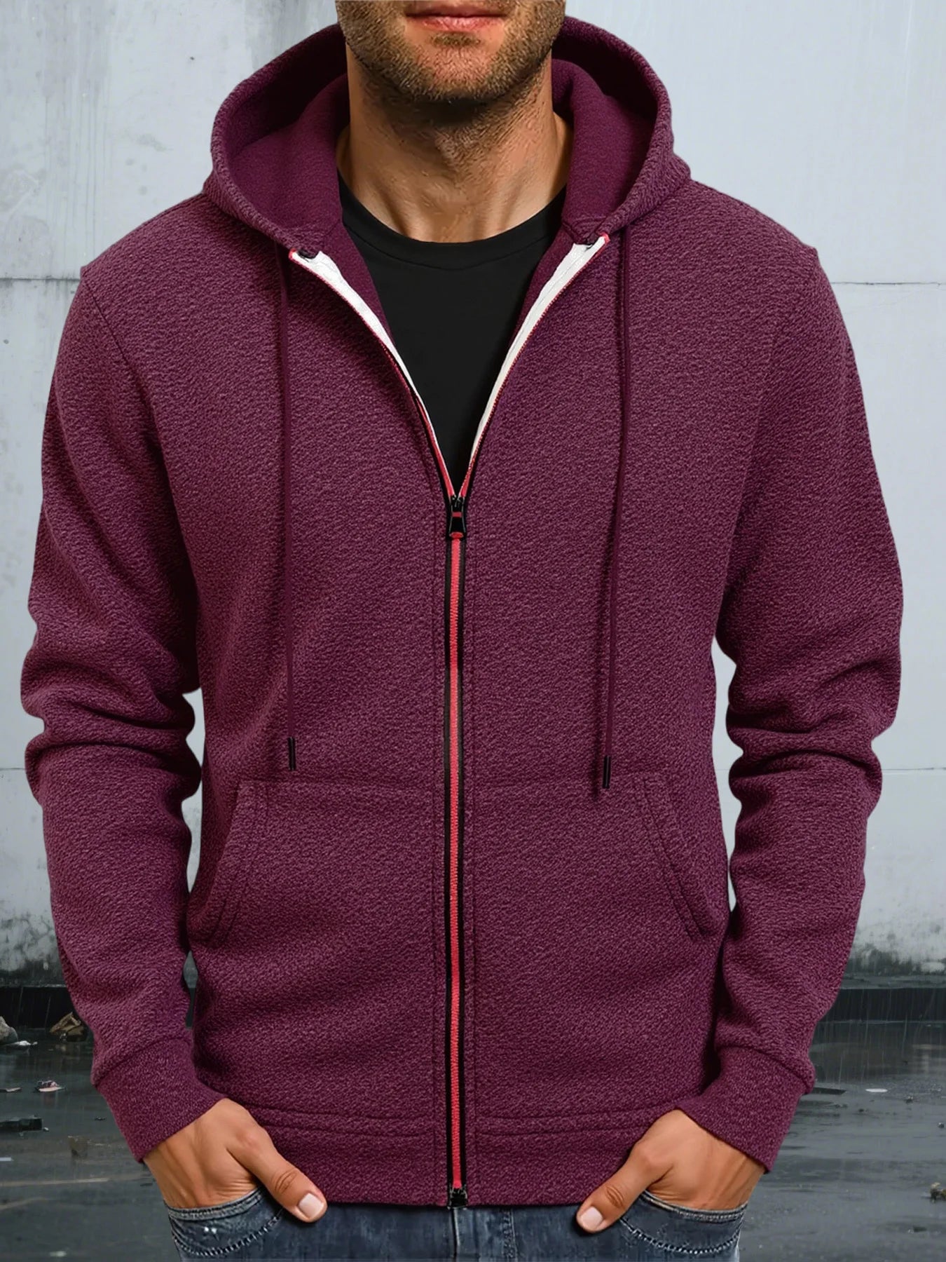 Felpa Da Uomo Autunnale Tinta Unita Con Cappuccio Maniche Lunghe E Chiusura A Cerniera Slim Fit Con Tasche