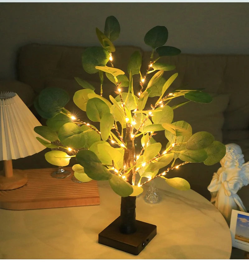 Lampada Da Tavolo A LED Per Albero Eucalipto Artificiale 55 Cm Con USB Per Camera Da Letto Decorazione Scrivania