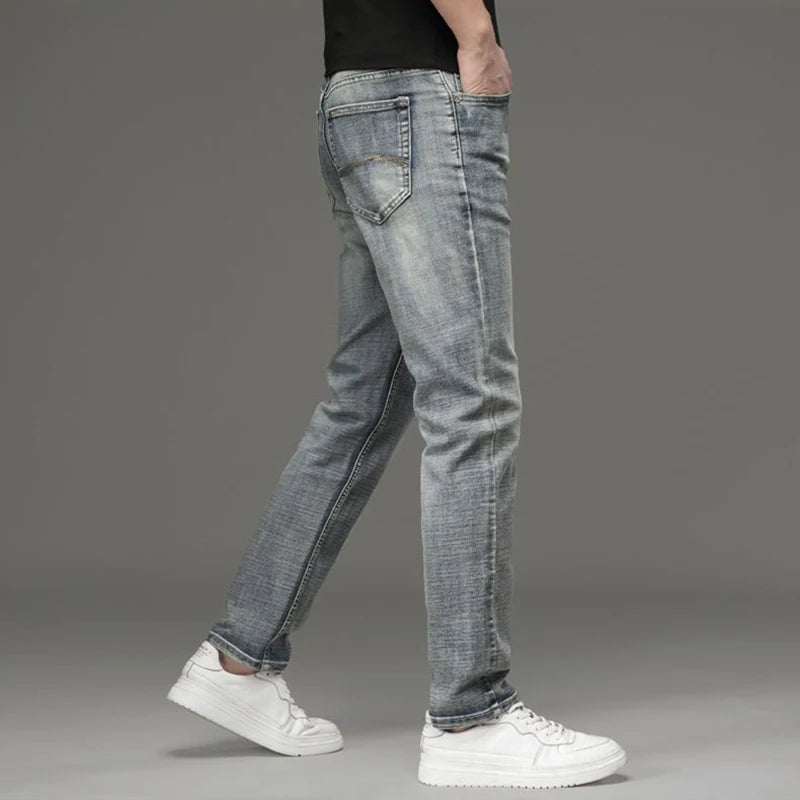 Jeans Uomo Slim Fit Vintage Di Fascia Alta In Denim Pesante Caldo Pantaloni Grigi Casual Versatili Dritti Quotidiani
