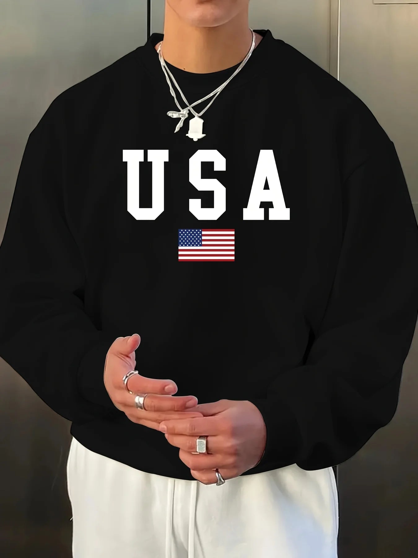 Felpa Uomo Autunno Inverno Casual Allentata Stampa Bandiera Americana USA Girocollo Maniche Lunghe