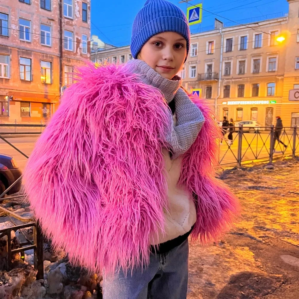 Cappotto Pelliccia Sintetica Rosa Donna Autunno Inverno Elegante Caldo Spesso Morbido Lavorazione A Maglia