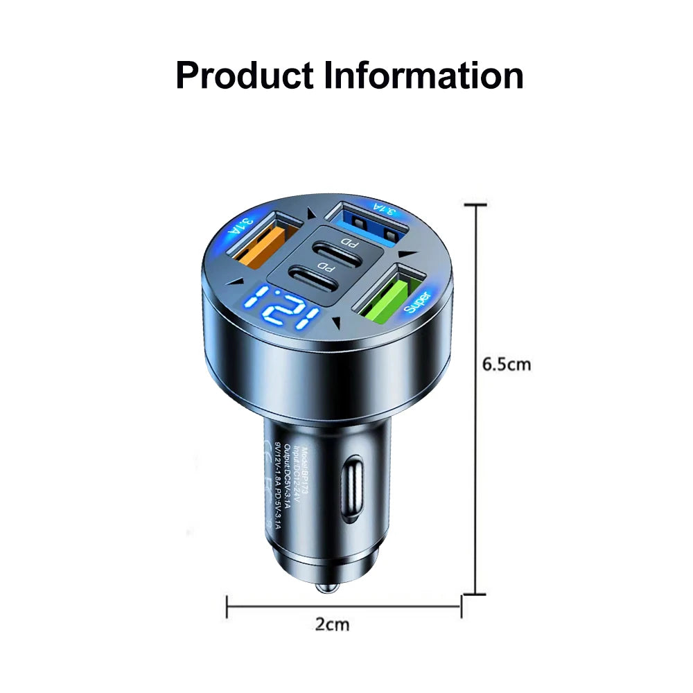 Caricabatteria Auto Kebidumei 250 W a 5 Porte Ricarica Rapida PD QC3.0 USB C per IPhone Samsung Huawei Xiaomi