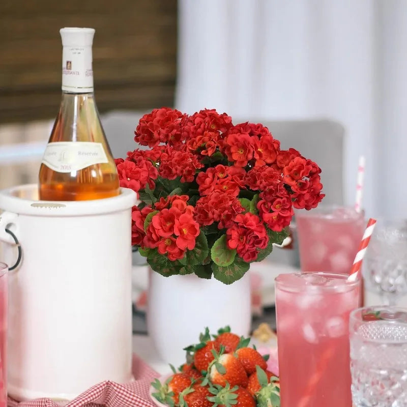 Geraniumi Artificiali 14 Pollici Fiori Rossi Bouquet di Seta Cespugli per Fioriere Portico Patio Casa Decorazione