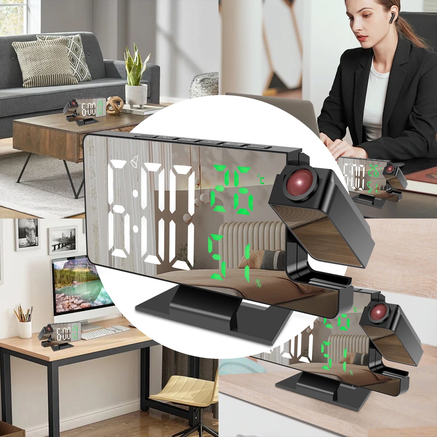 Sveglia Digitale a LED con Proiezione 180 Gradi Schermo Grande a Specchio Orologio da Tavolo per Ufficio e Casa