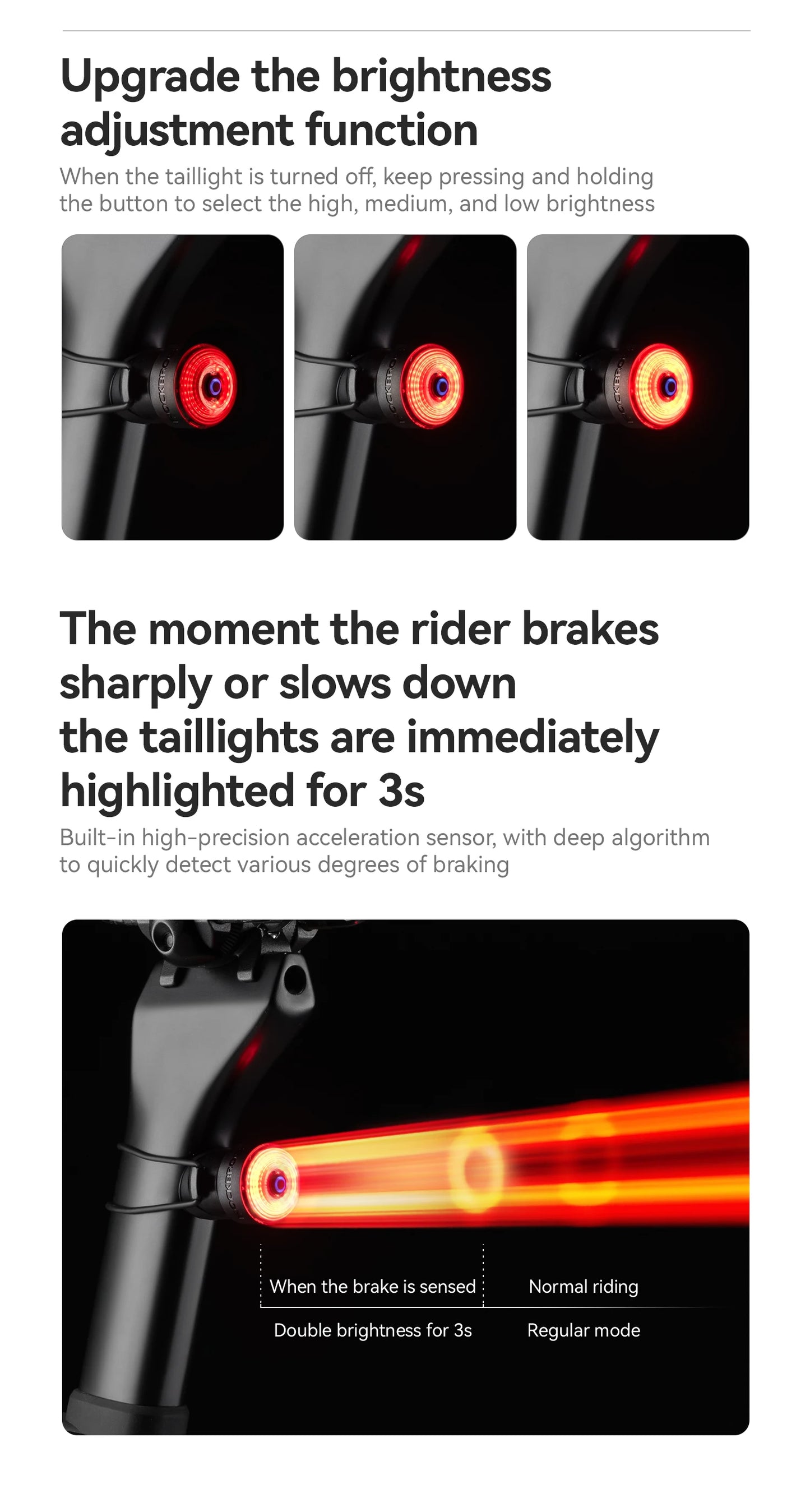 RockBros Luce Per Bicicletta Sensore Vibrazioni Del Freno Fanale Posteriore USB Spina Manubrio IPX5 Per Strada MTB