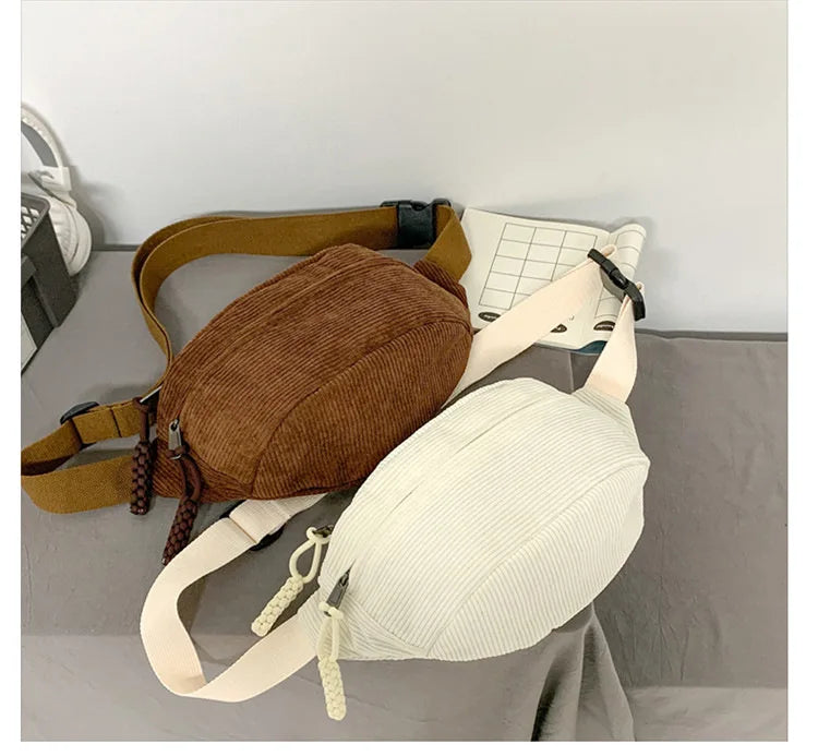 Marsupio da Donna in Velluto a Coste di Grande Capacità Borsa da Petto Stile Street Borsa a Tracolla Cintura Casual