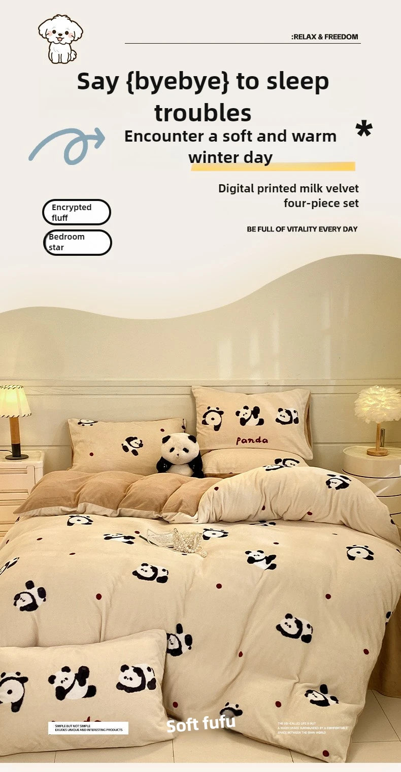 Set Biancheria Da Letto 4 Pezzi In Pile Latte Stampato Invernale Duvet Copripiumino Stile Semplice Accogliente GSM 130