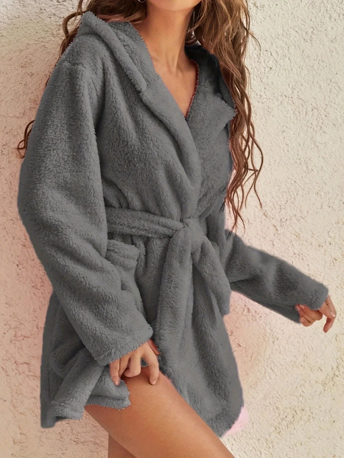 Vestaglia Da Donna Con Cappuccio Tinta Unita Con Cintura Calda E Morbida Per Casa Autunno Inverno
