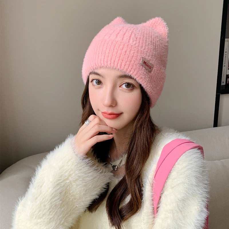 Cappello Invernale Femminile con Orecchie da Gatto Pelliccia Sintetica Lavorato a Maglia Stile Kpop Morbido Berretto