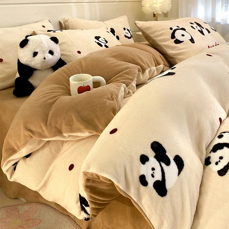Set Biancheria Da Letto 4 Pezzi In Pile Latte Stampato Invernale Duvet Copripiumino Stile Semplice Accogliente GSM 130