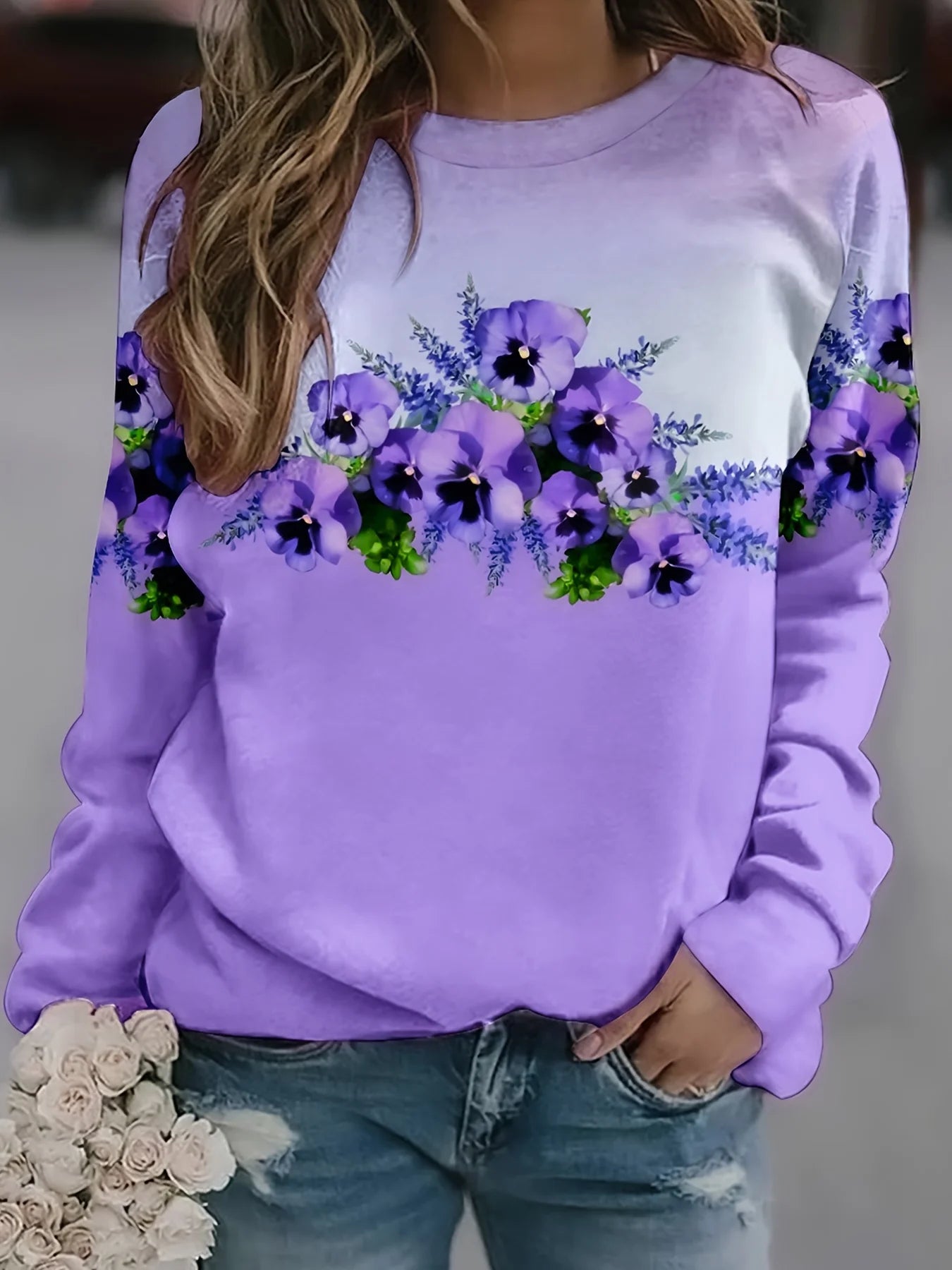 Felpa da Donna con Stampa Grafica Fiori Viola Scollo a O Pullover Casual a Maniche Lunghe in Poliestere Spandex