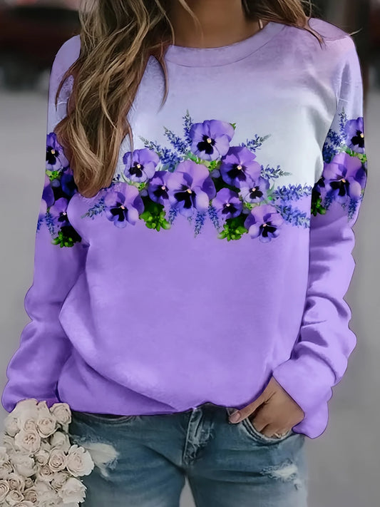 Felpa da Donna con Stampa Grafica Fiori Viola Scollo a O Pullover Casual a Maniche Lunghe in Poliestere Spandex