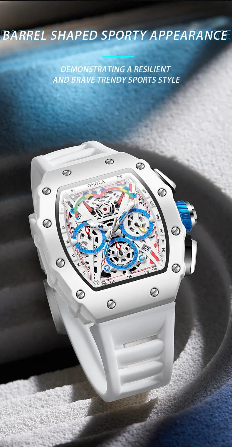 Orologio Da Uomo Di Lusso Onola Moda Casual Cinturino In Silicone Multifunzione Quarzo Impermeabile Bianco