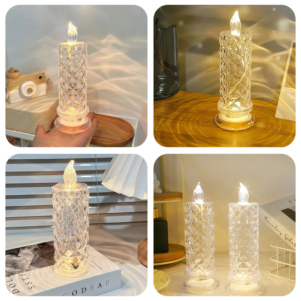 Candela LED In Acrilico Senza Fiamma Con Proiezione Rosa Notturna Romantica Per Feste Matrimonio E Decorazione Tavolo